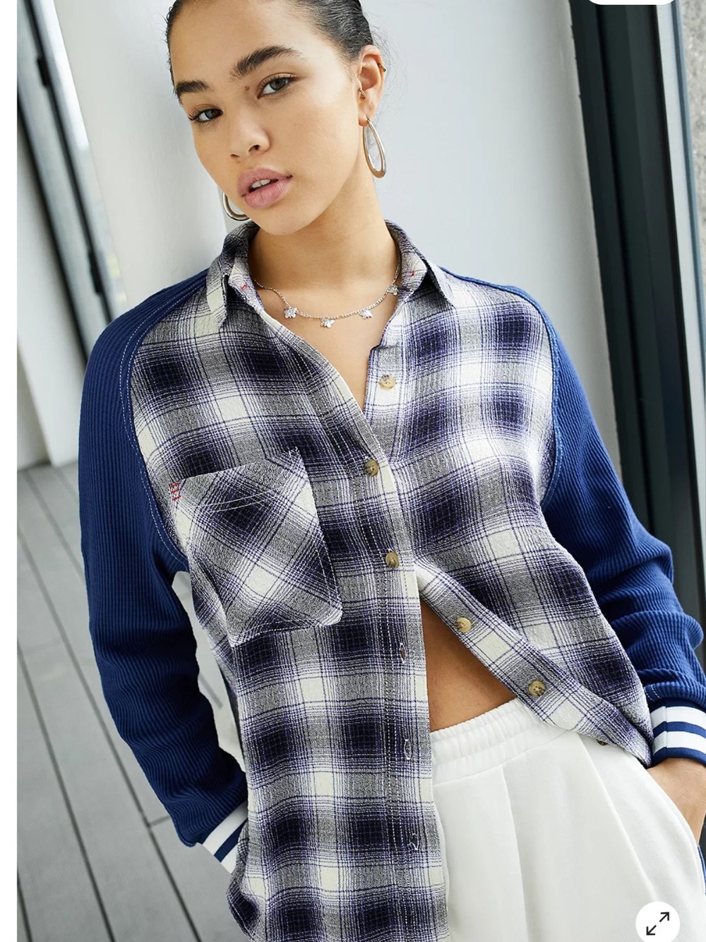 Urban Outfitters BDG Keanu Flannel Navy and White Plaid Button-Down Shirt